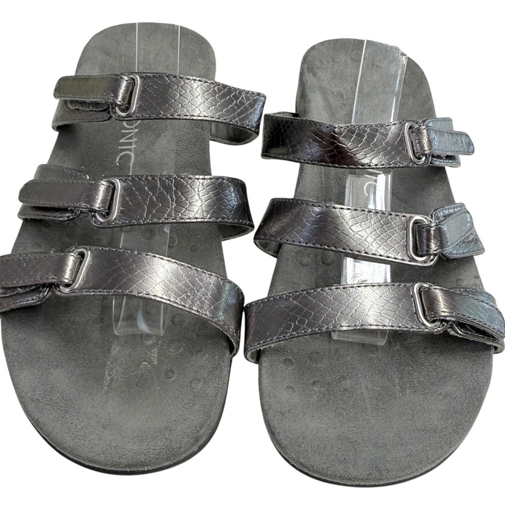 Vionic Aubrey Womens Sandals Pewter Metallic Snakeskin Orthotic Slides 7